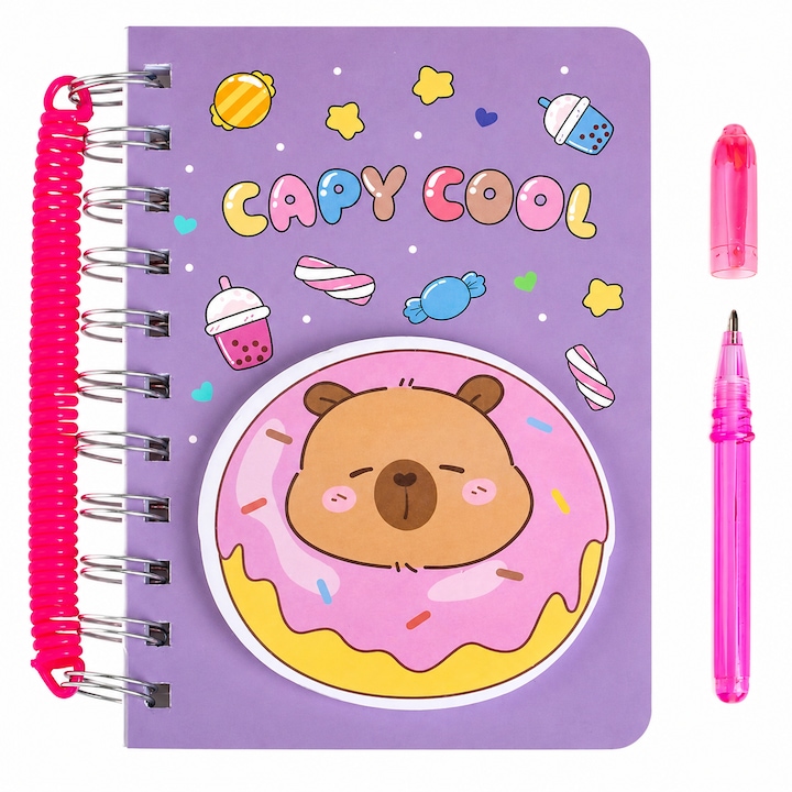 Carnetel Multifunctional Cu Pix Si Notite Autoadezive Capybara 70 File Dictando Spirala Dubla Maner Fucsia 10.5x14 cm Lila