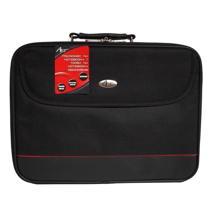 Art, Geanta pentru laptop din material textil, cu buzunare exterioare si interioare, cadru metalic protector, maner din piele si curea detasabila AB-87, negru, 17"