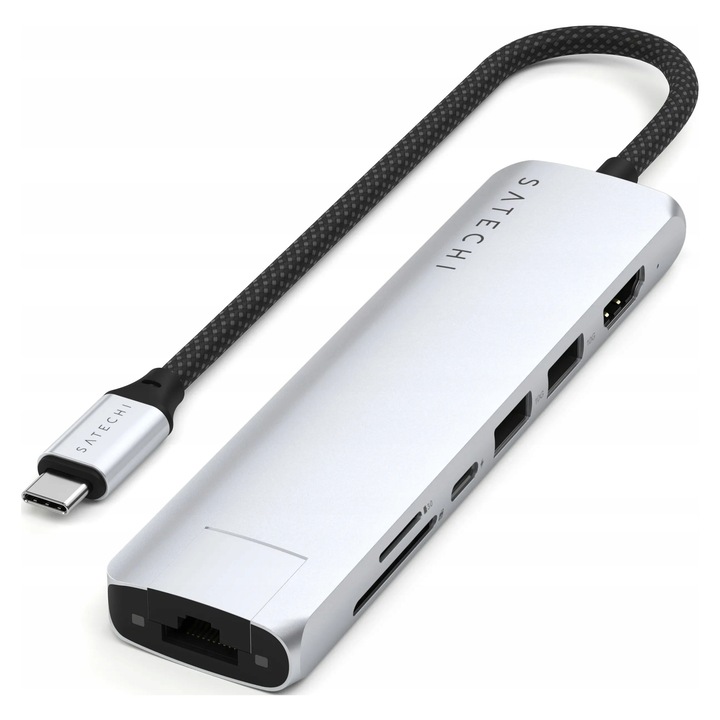 Мултипорт адаптер USB-C Satechi 7-в-1 Slim GKJ10VMVBF0, Gigabit Ethernet, HDMI 4K@60Hz, USB-A 2x 10 Gb/s, USB-C PD 100W, четец micro/SD, сребрист
