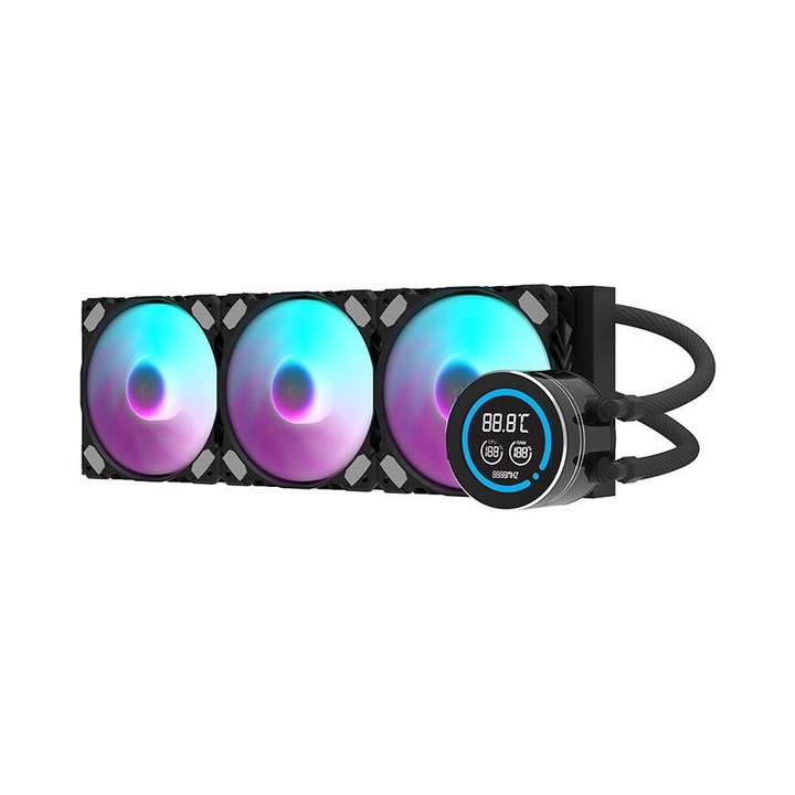 Sistem de racire cu lichid pentru CPU DarkFlash DN-D360 (KE7ONN9H0P), radiator 360 mm, 3x ventilator 120 mm ARGB PWM, bloc din cupru, afisaj LCD 2,1", negru