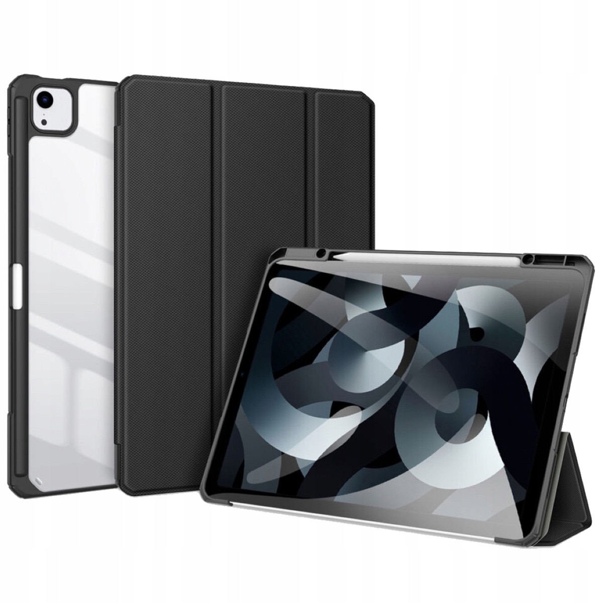 Husa pentru iPad Air 12.9 (2024) Dux Ducis Toby PKW07VETH, cover tri‑fold cu suport si slot pentru Apple Pencil, PU/PC/TPU, spate transparent, negru