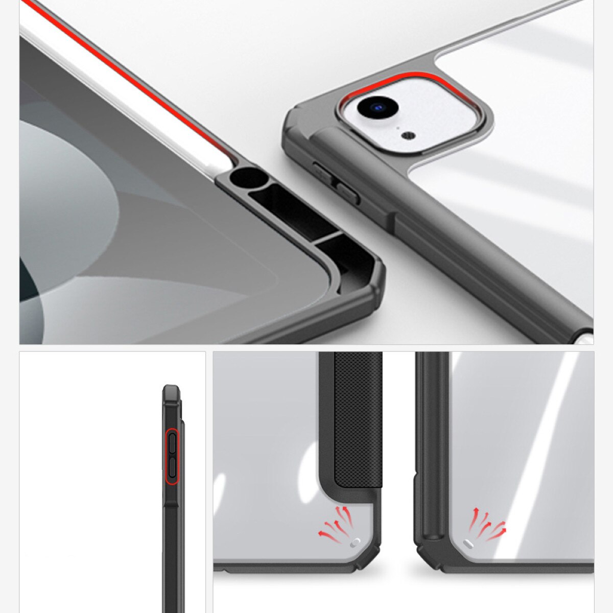 Husa pentru iPad Air 12.9 (2024) Dux Ducis Toby PKW07VETH, cover tri‑fold cu suport si slot pentru Apple Pencil, PU/PC/TPU, spate transparent, negru