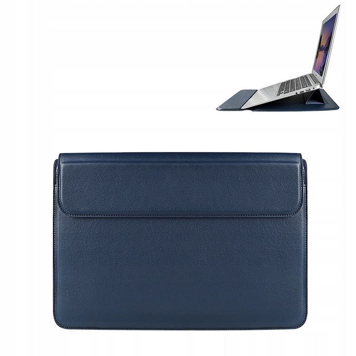 Husa pentru laptop Devia Ultra-Thin Q1KW441YLU, piele sintetica, functie suport 9°, inchidere magnetica, rezistenta la apa, albastru inchis, pentru 15,4"
