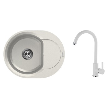 Set chiuveta granit Elleci Easy Round 600, 600 x 470 mm, adancime 200 mm, cuva reversibila + Baterie Elleci C01, cartus ceramic, Bianco Titano 68 Set chiuveta granit Elleci Easy Round 600, 600 x 470 mm, adancime 200 mm, cuva reversibila + Baterie Elleci C01, cartus ceramic, Bianco Titano 68