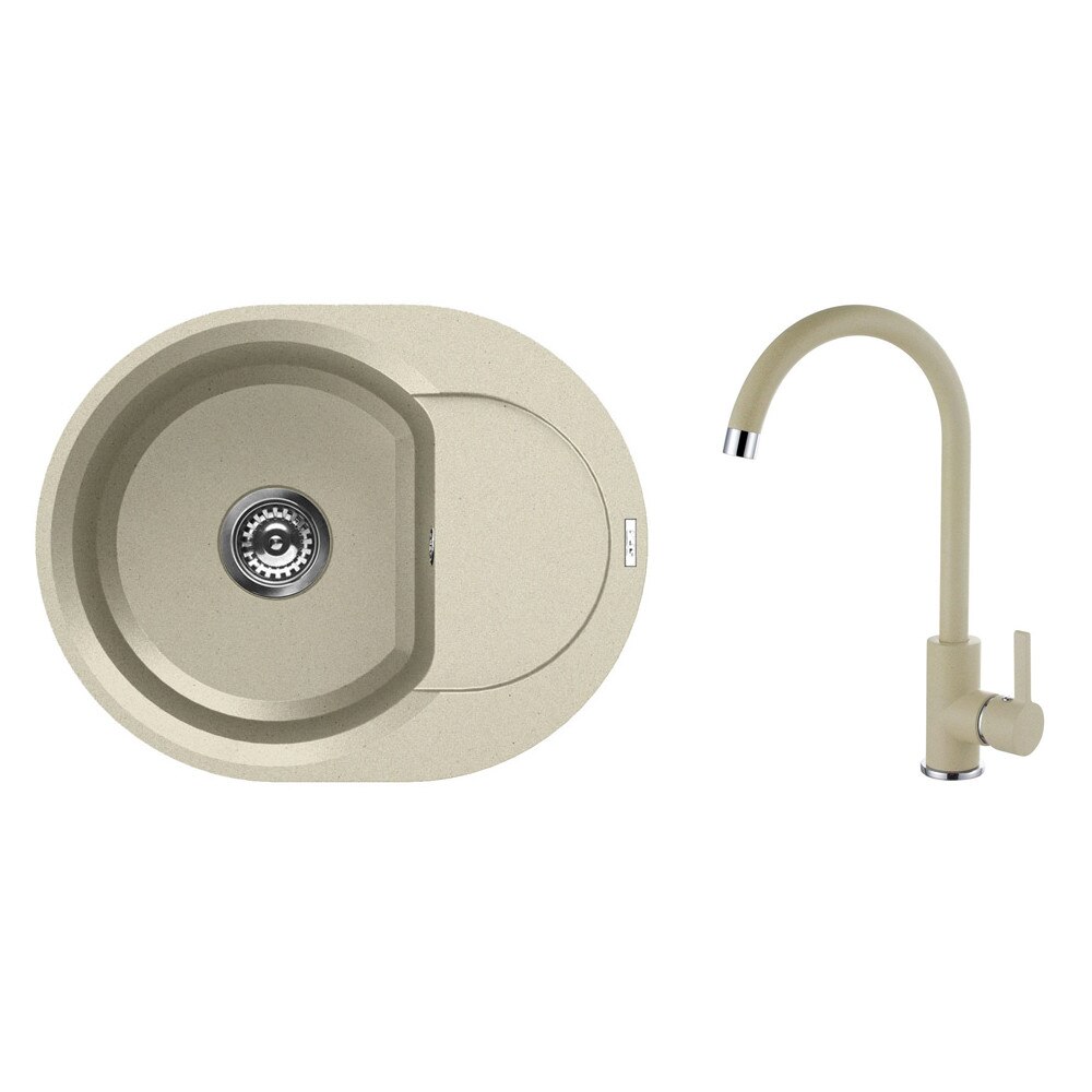 Set chiuveta granit Elleci Easy Round 600, 600 x 470 mm, adancime 200 mm, cuva reversibila + Baterie Elleci C01, cartus ceramic, Bianco Antico 62