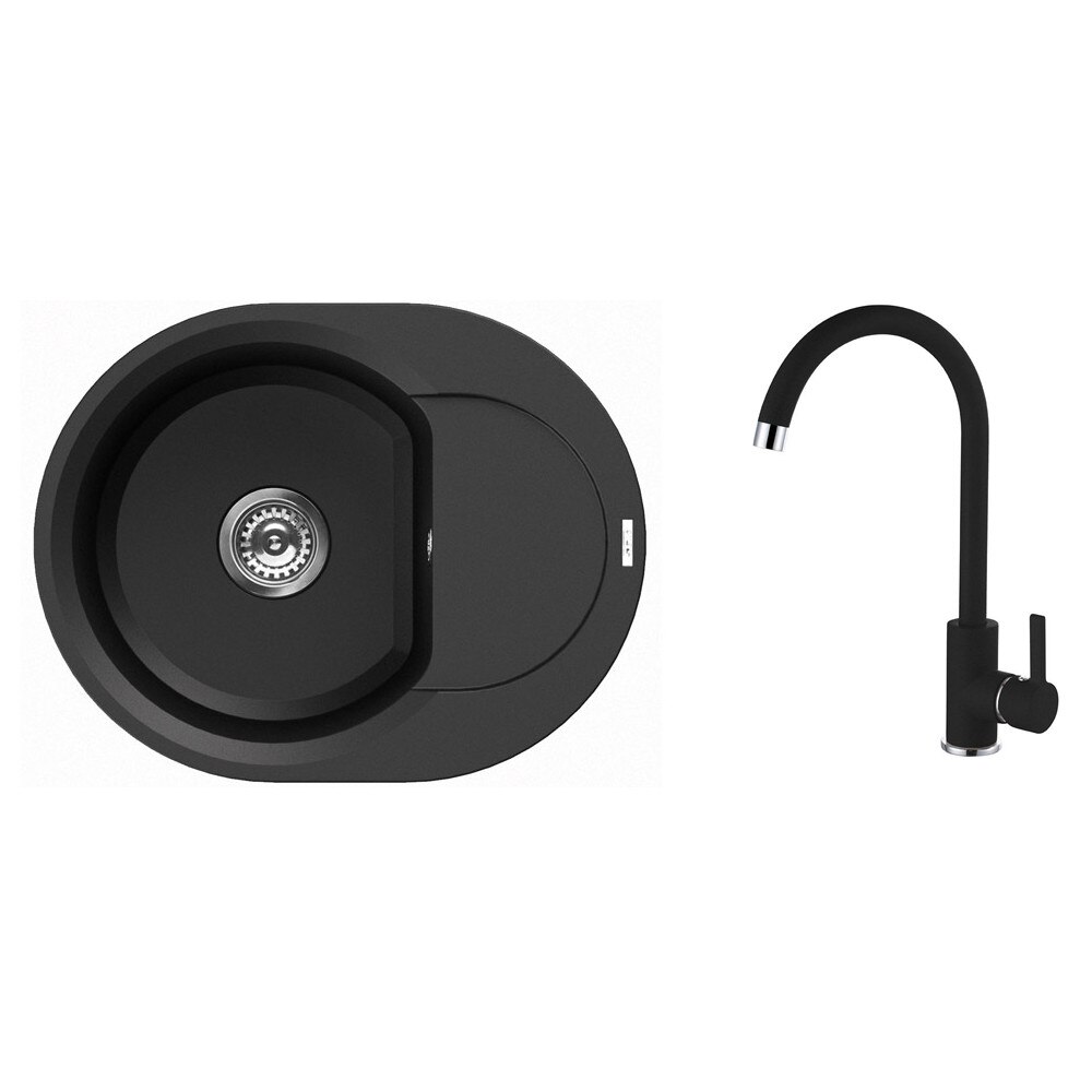 Set chiuveta granit Elleci Easy Round 600, 600 x 470 mm, adancime 200 mm, cuva reversibila + Baterie Elleci C01, cartus ceramic, Full Black 40