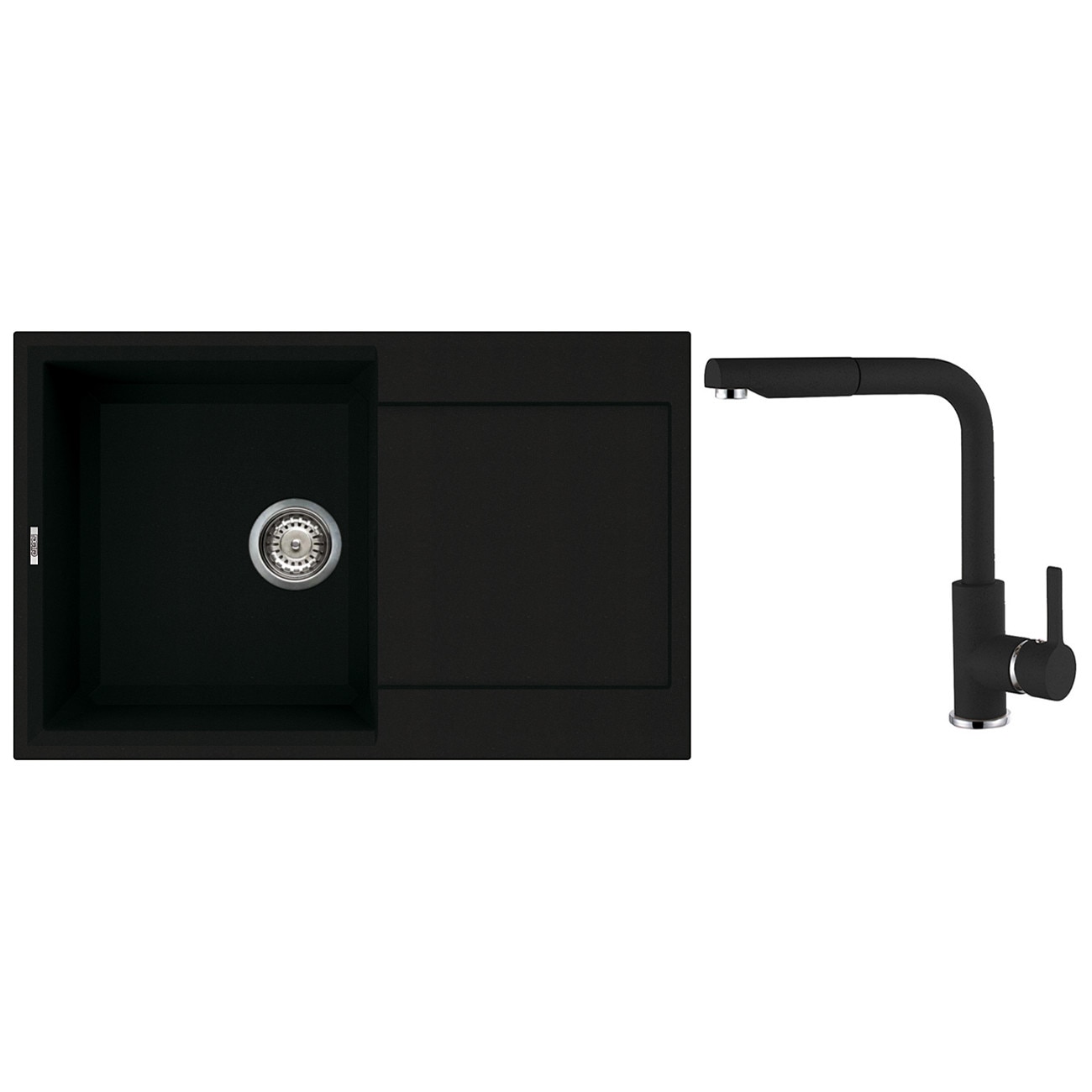 Set chiuveta granit Elleci Easy 300, 790 x 500 mm, adancime 220 mm, cuva reversibila + Baterie Elleci C02, cartus ceramic, dus extractabil, Full Black 40