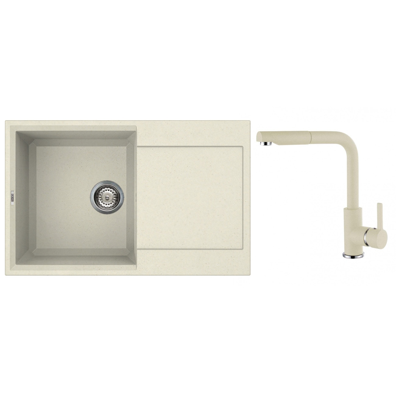 Set chiuveta granit Elleci Easy 300, 790 x 500 mm, adancime 220 mm, cuva reversibila + Baterie Elleci C02, cartus ceramic, dus extractabil, Bianco Antico 62