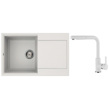 Set chiuveta granit Elleci Easy 300, 790 x 500 mm, adancime 220 mm, cuva reversibila + Baterie Elleci C02, cartus ceramic, dus extractabil, Bianco Titano 68 Set chiuveta granit Elleci Easy 300, 790 x 500 mm, adancime 220 mm, cuva reversibila + Baterie Elleci C02, cartus ceramic, dus extractabil, Bianco Titano 68