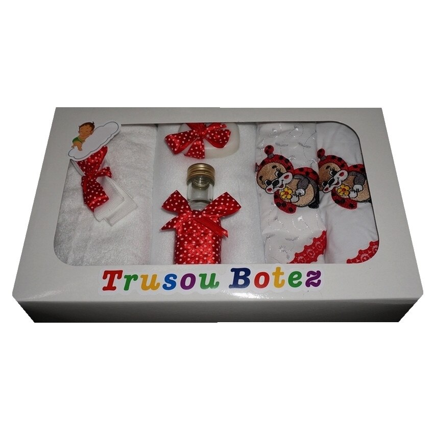 Trusou pentru botez, 7 piese, brodat cu figurina, Buburuza, Little Angel, rosu