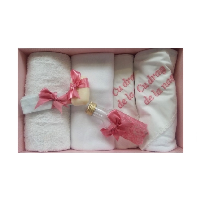 Trusou pentru botez, 7 piese, brodat cu mesaj Cu drag de la nasi, Little Angel, roz