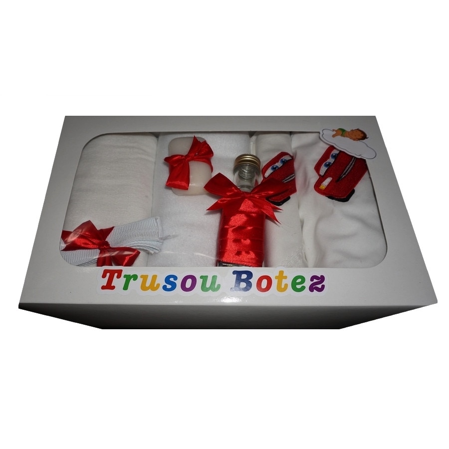 Trusou pentru botez, 7 piese, brodat cu figurina, Masinuta Cars Fulger McQueen, Little Angel, rosu