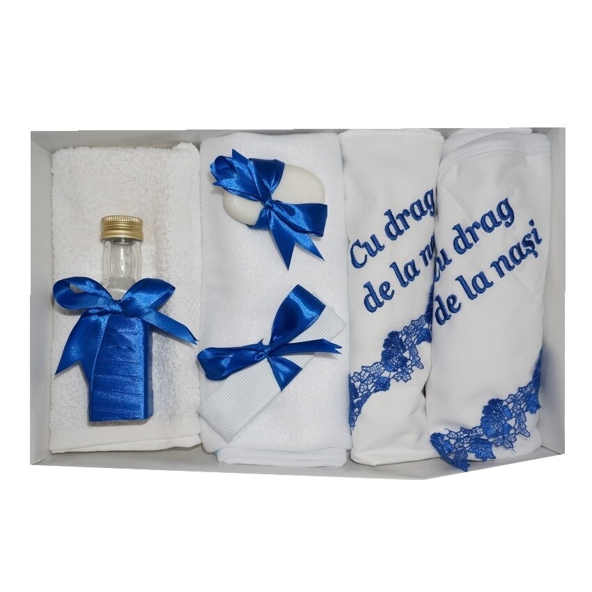 Trusou pentru botez, 7 piese, brodat cu mesaj Cu drag de la nasi, Little Angel, albastru