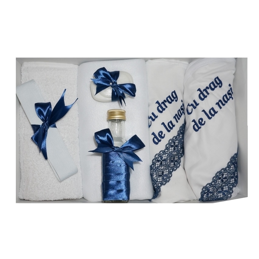 Trusou pentru botez, 7 piese, brodat cu mesaj Cu drag de la nasi, Little Angel, bleumarin