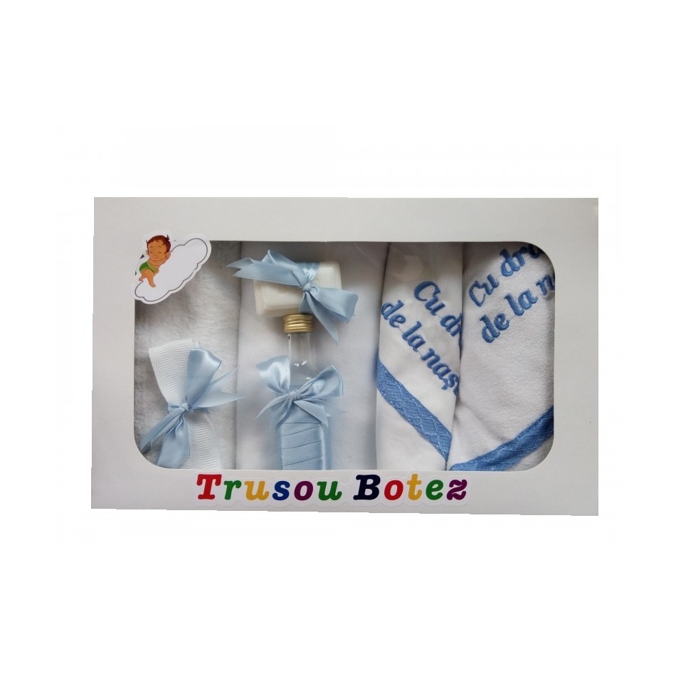 Trusou pentru botez, 7 piese, brodat cu mesaj Cu drag de la nasi, Little Angel, bleu