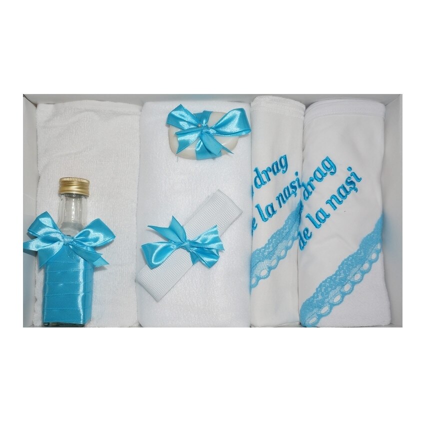 Trusou pentru botez, 7 piese, brodat cu mesaj Cu drag de la nasi, Little Angel, albastru azuriu