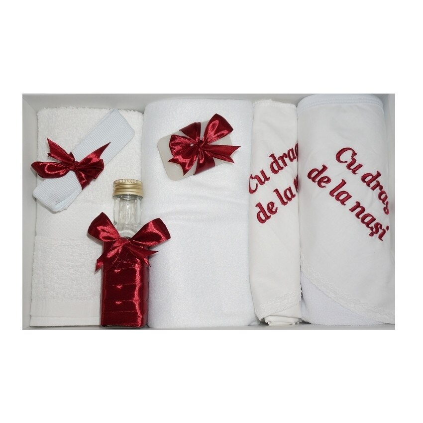 Trusou pentru botez, 7 piese, brodat cu mesaj Cu drag de la nasi, Little Angel, grena