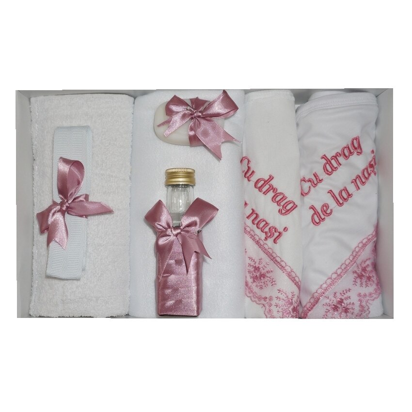 Trusou pentru botez, 7 piese, brodat cu mesaj Cu drag de la nasi, Little Angel, roz prafuit