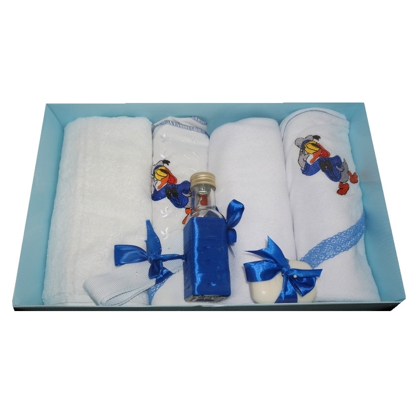 Trusou pentru botez, 7 piese, brodat cu figurina, Donald, Little Angel, albastru
