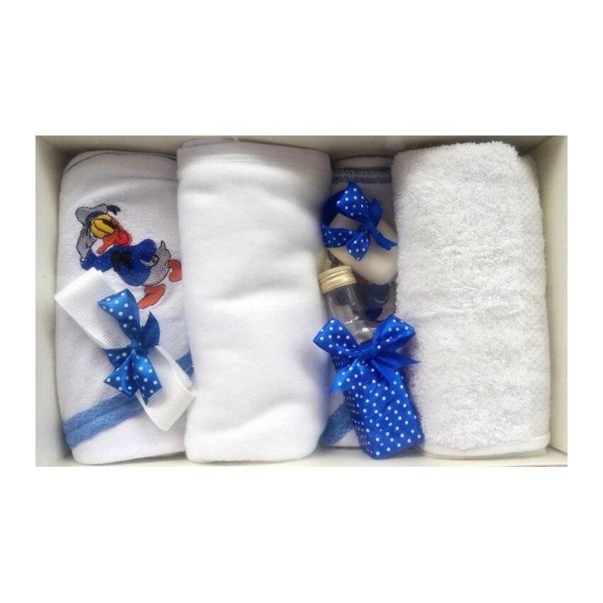 Trusou pentru botez, 7 piese, brodat cu figurina, Donald, Little Angel, albastru-alb
