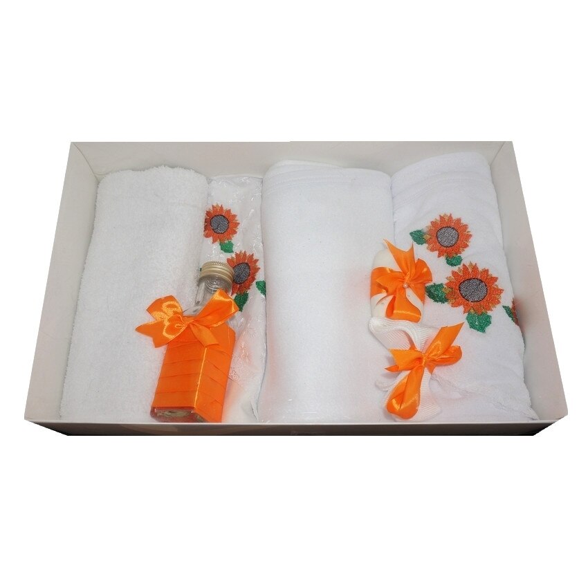 Trusou pentru botez, 7 piese, brodat cu figurina, Floarea soarelui, Little Angel, portocaliu