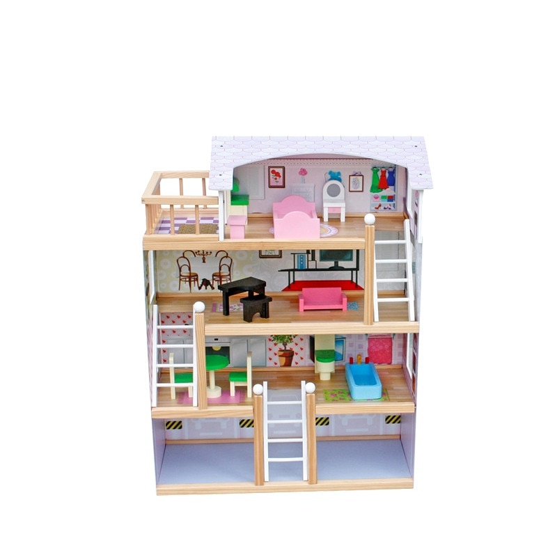 Casuta din lemn natural pentru papusi cu 3 etaje si terasa