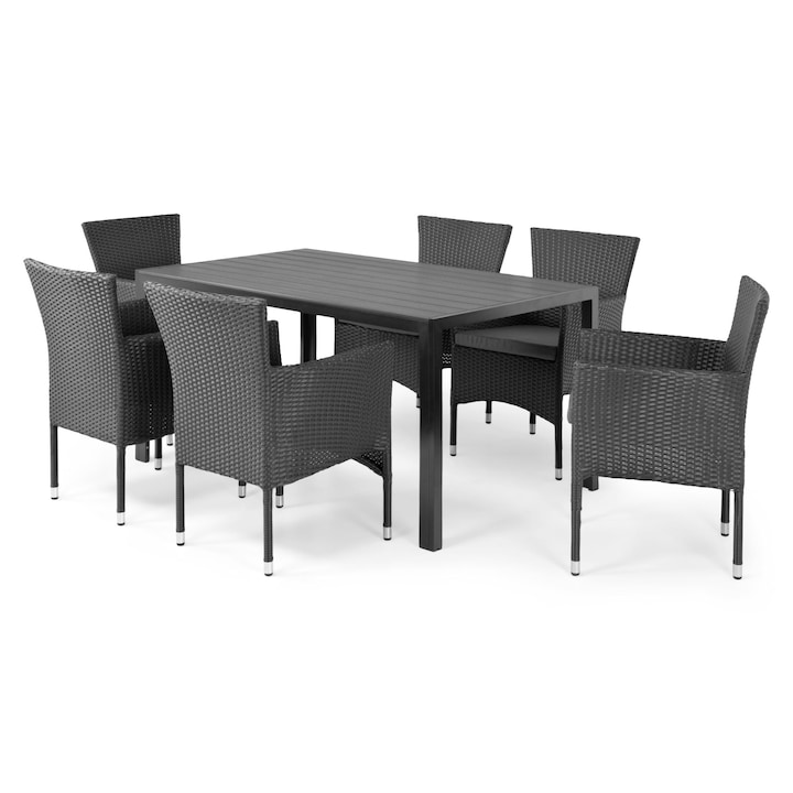 Set mobilier gradina/terasa, 6 scaune suprapozabile si masa, Maison Mex ENCORE, negru/gri