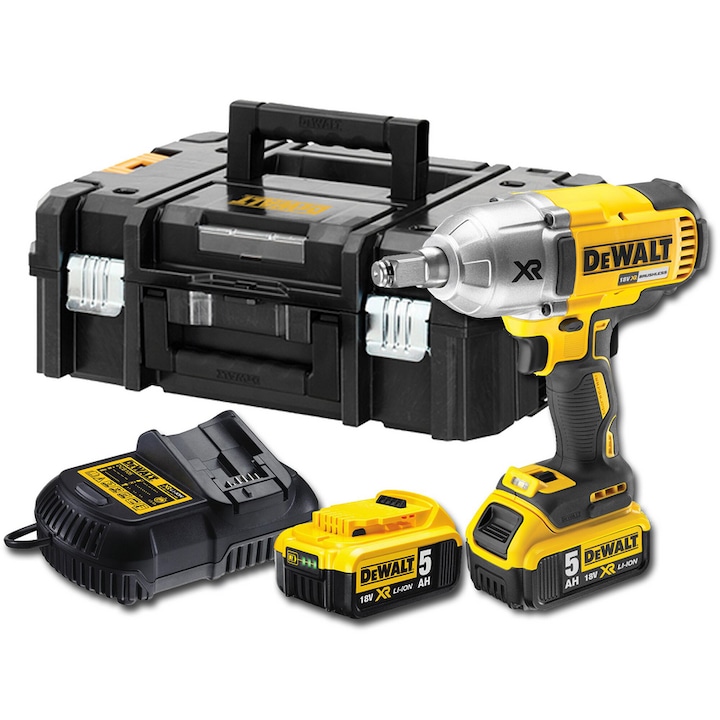 Masina de insurubat cu impact cu acumulator 18V DeWalt DCF899P2-QW, motor fara perii, 950 Nm, prindere patrat 1/2, 2 x acumulator 5 Ah, incarcator si valiza Tstak