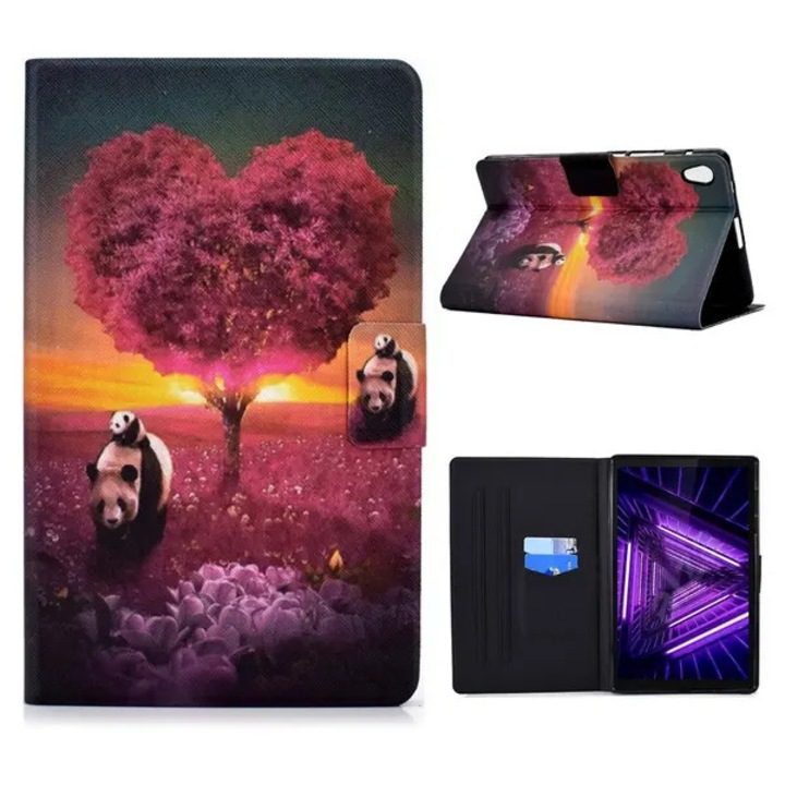 Husa tableta pentru Lenovo Tab M10 HD Gen 2 X306X, din TPU si piele PU cu design panda si copac, stand reglabil, sloturi pentru carduri, functie auto wake/sleep, rosu