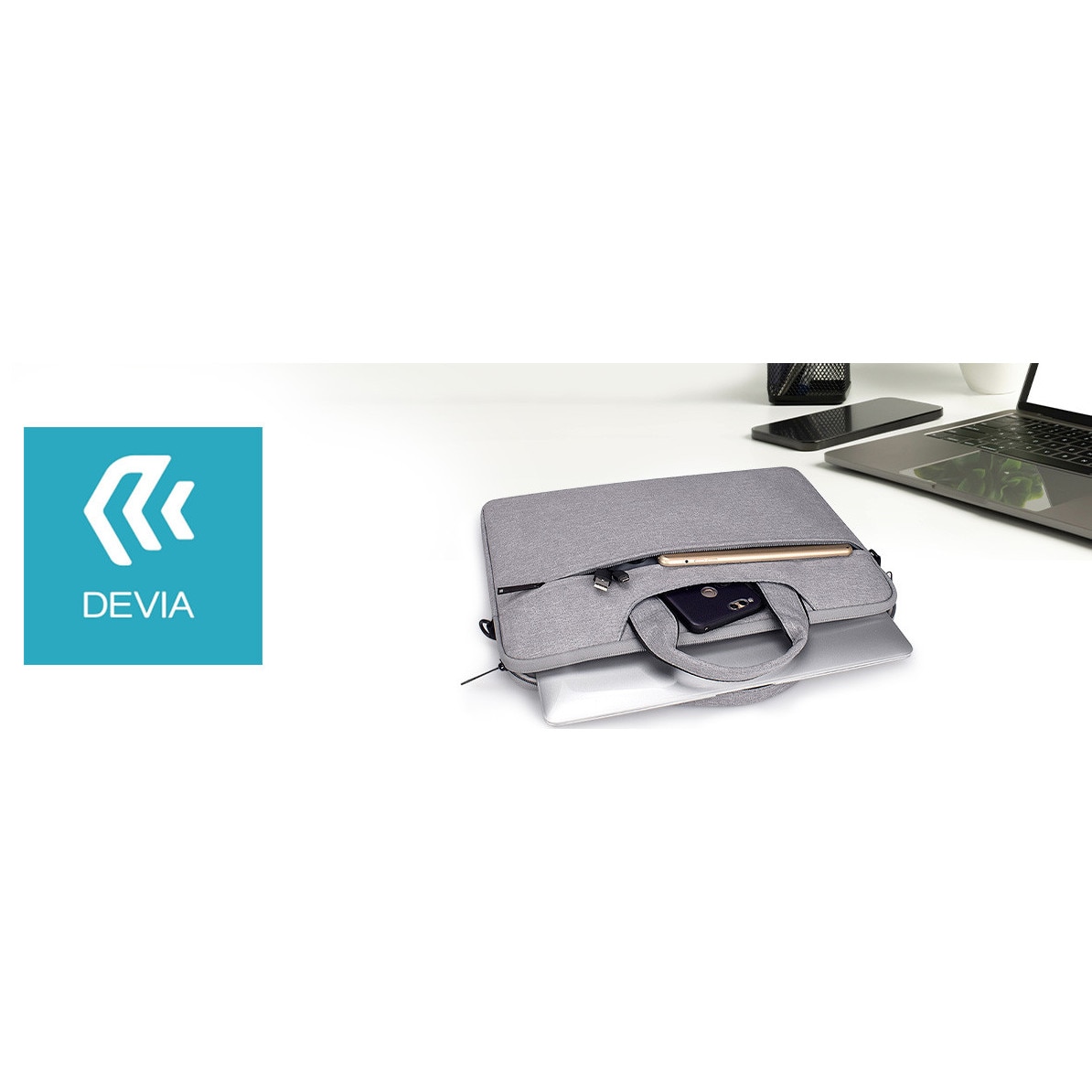 Devia, torba pentru laptop din poliester Justyle 15,4 cu protectie antisoc, rezistenta la apa, gri, 38 x 27 x 3 cm