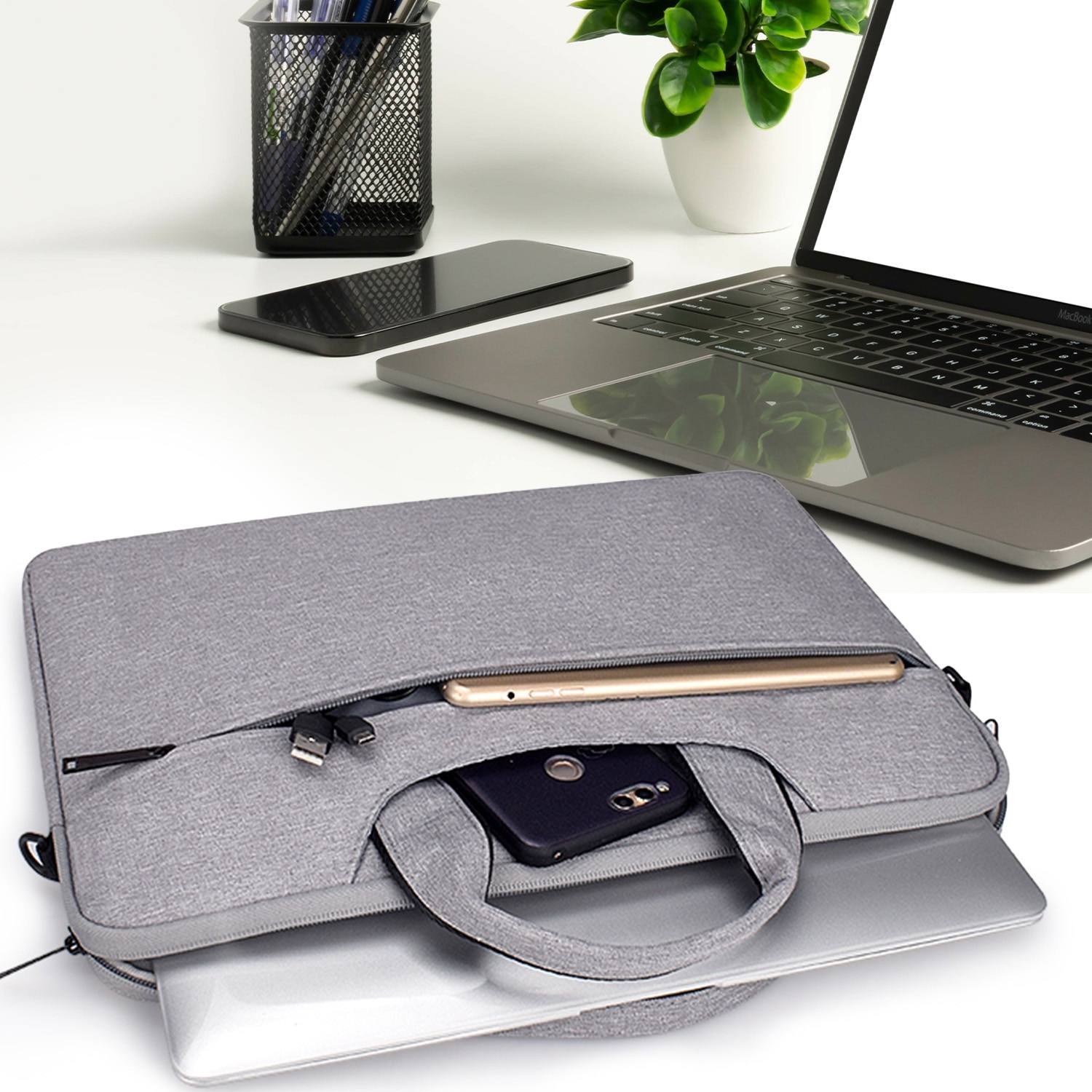 Devia, torba pentru laptop din poliester Justyle 15,4 cu protectie antisoc, rezistenta la apa, gri, 38 x 27 x 3 cm