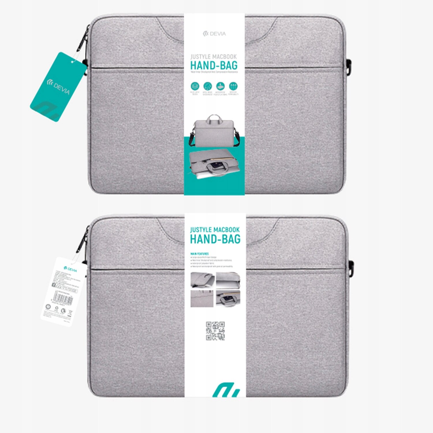 Devia, torba pentru laptop din poliester Justyle 15,4 cu protectie antisoc, rezistenta la apa, gri, 38 x 27 x 3 cm