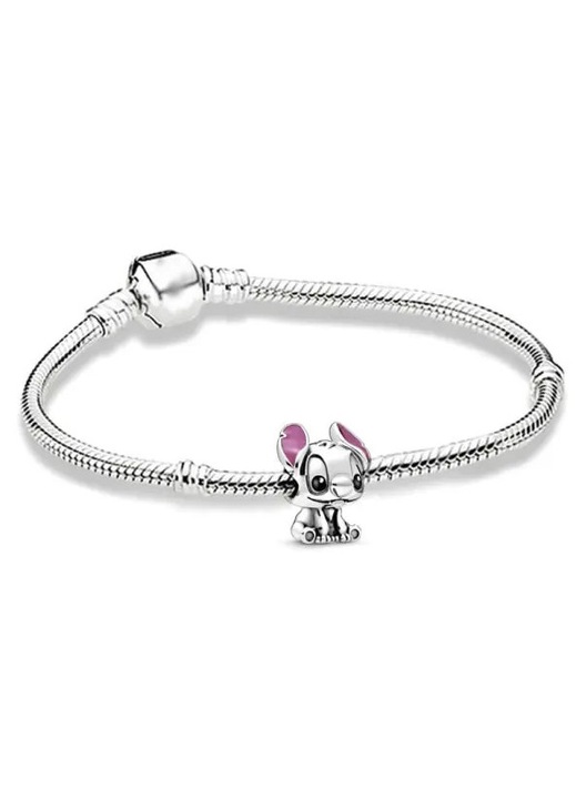 925-ös sterling ezüst charm Disney x Favorites - Stitch lila zománccal és fekete szemekkel, kompatibilis a Pandora Moments-szel, méretek 16 x 13 x 11 mm
