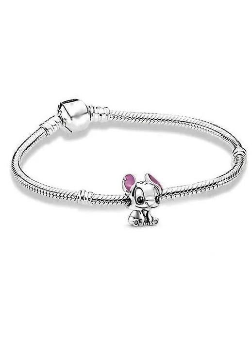 Disney Stitch sterling ezüst charm zománccal, Pandora Moments kompatibilis, ezüst/lila, 16 x 13 x 11 mm