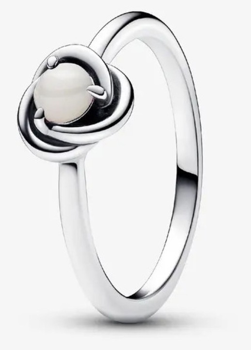 Inel din argint sterling cu piatra sintetica sidef cabochon, model eternity cerc cu motive impletite infinit, alb/argintiu, circumferinta 56 mm