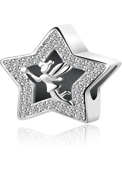 Ezüstözött réz gyöngy charm, csillag tündérrel, kompatibilis Pandora/európai típusú karkötőkkel, 4,5–5 mm-es lyuk
