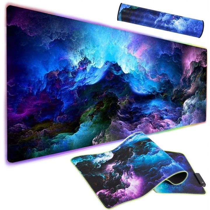 Pad pentru mouse BNTrade B2E1HEYNG7FLA, gaming cu iluminare LED RGB, antiderapant cu margini cusute, multicolor, 80 x 30 cm