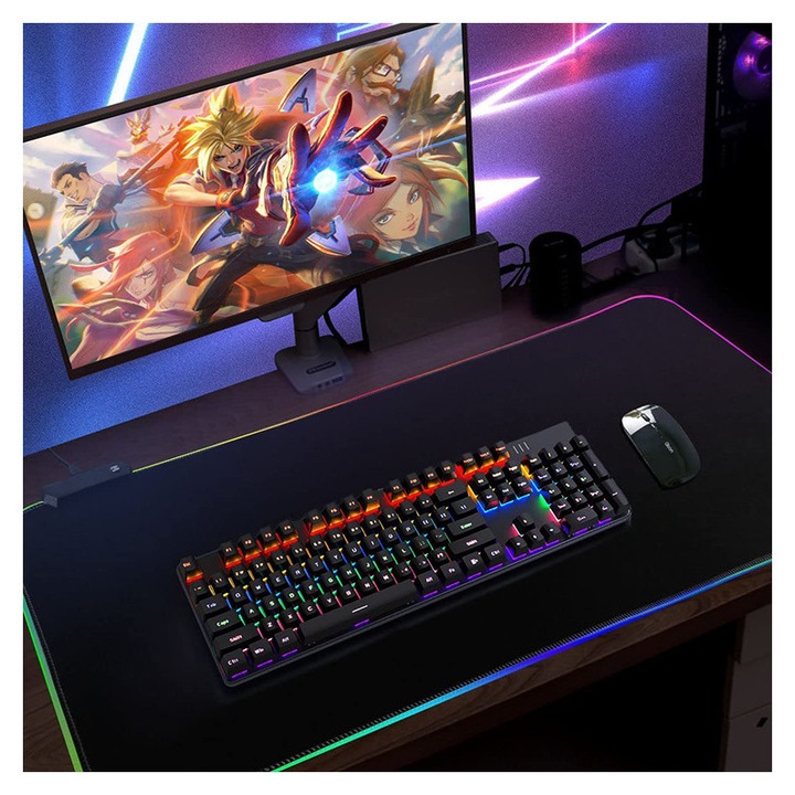 Pad pentru mouse Verk Group 06246 (96VUQD2NSZ) gaming LED RGB cu iluminare, USB, margini cusute, antiderapant, rezistent la apa, negru, 80 x 30 cm