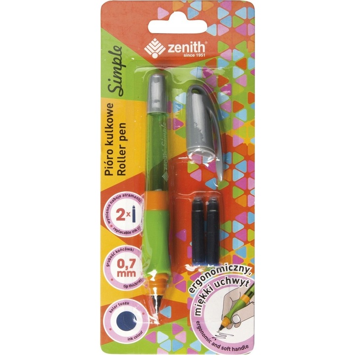 Zenith Simple J96ZLS8D231QR golyóstoll, háromszögletű fogás, 0,7 mm-es hegy, 1 toll + 3 kék utántöltő készlet, zöld, 13 x 1,5 cm