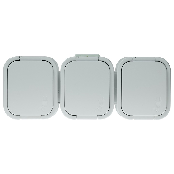 Priza tripla aplicata Abex B2 NT-316, cu capac, IP54, 10 A, 250 V, alb