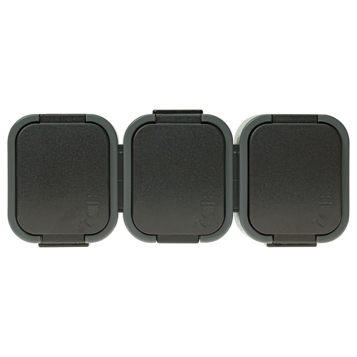 Priza tripla aplicata Abex B2 3N30YFPI, IP54, 10 A, 250 V, cu capace etanse si conexiuni pe surub, gri-negru