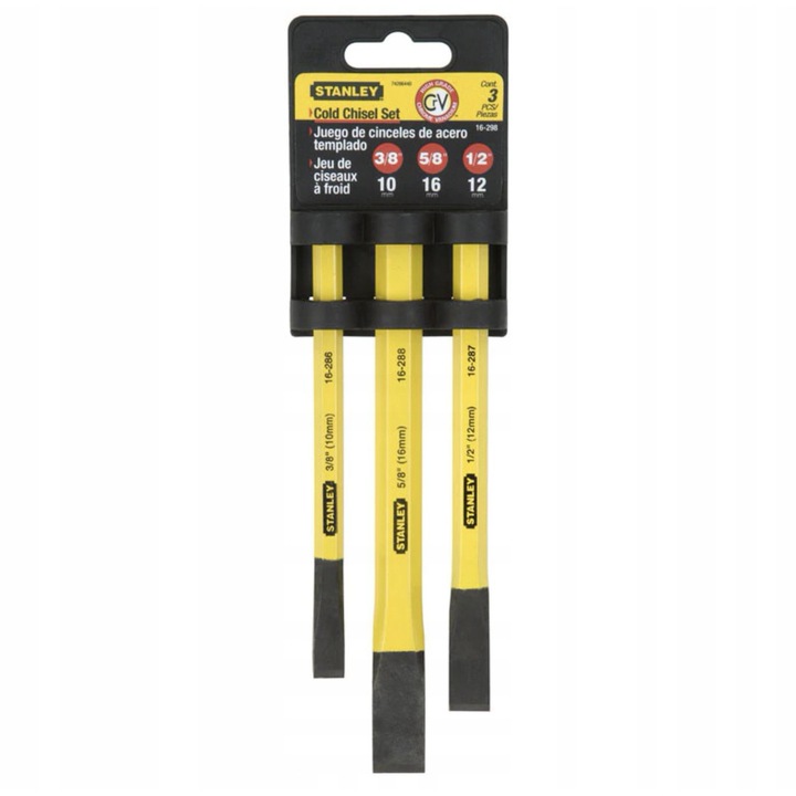 Set de dalti la rece pentru metal Stanley 18-298, otel crom‑vanadiu, 3 piese (10 mm, 16 mm, 12 mm), galben/negru