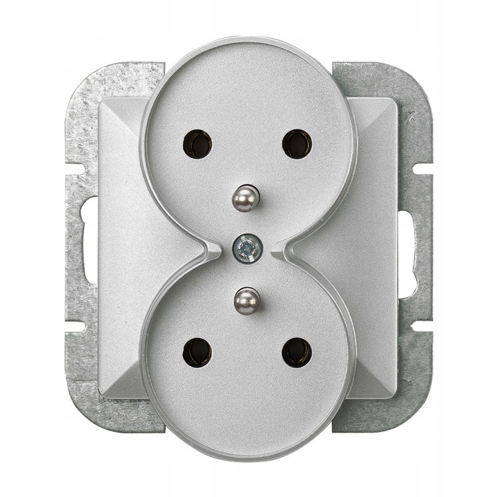 Priza dubla Abex Perla HNNBBKVF1F9WS, 2P+PE, borna cu surub, din plastic, argintiu, 16 A, 230 V, IP20