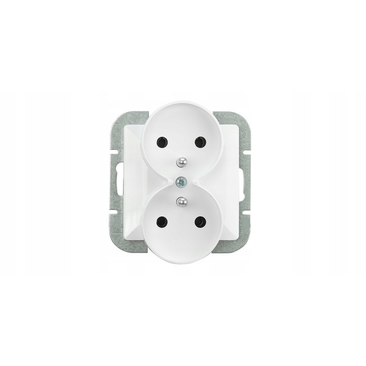 Priza dubla incastrata Abex Perla PT-6PR (cod GHW2X1AOB), cu impamantare, policarbonat, IP44, 250 V, 16 A, montaj in doza O60 mm, alb