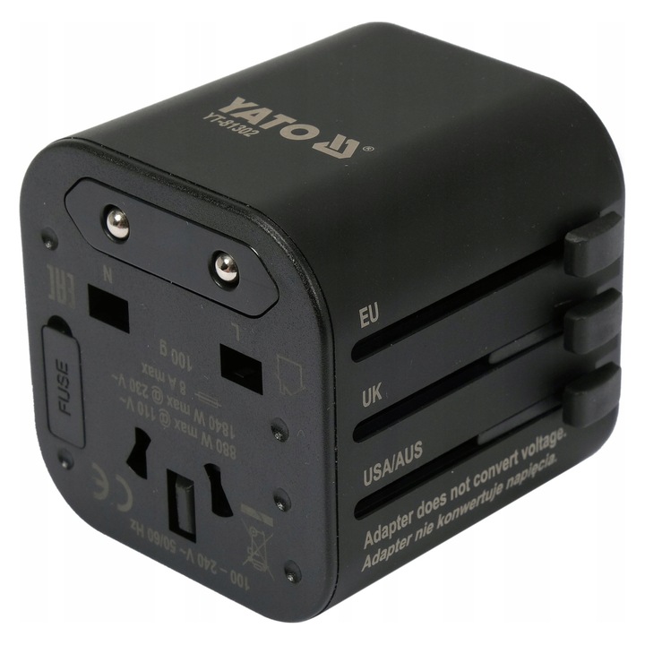 Adaptor de calatorie Yato YT-81302, universal pentru peste 150 de tari, 110–240 V, max. 1840 W, siguranta ceramica 8 A, protectie pentru copii, negru, 50 x 53 x 52 mm