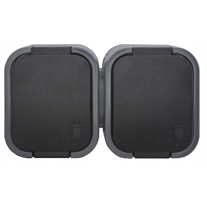 Priza dubla de suprafata Abex NT-6B2, cu impamantare, IP44, 250V 10A, ABS, gri/negru, cod WBP8ZX07G2SUA