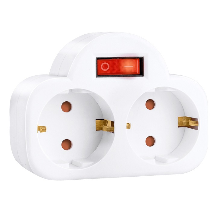 Adaptor de priza cu intrerupator F1UG6LHDKL, tip E, 250V, 16A, 3500W, alb, 14 x 9 x 6.5 cm