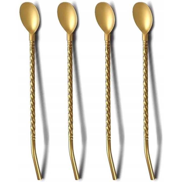 Lingurite lungi pentru cafea din otel inoxidabil 304, placate cu aur, maner rasucit, 22 cm, auriu, set 4 buc