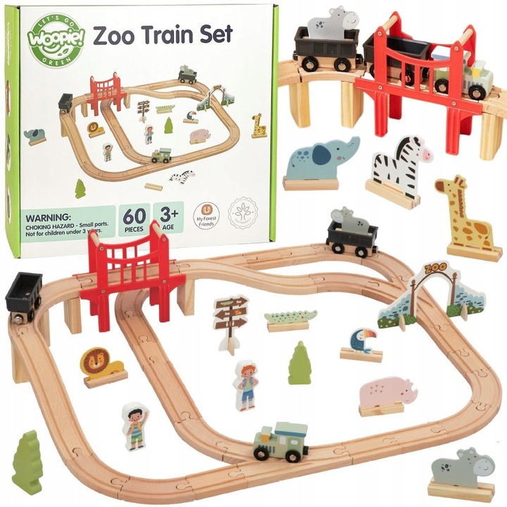 Дървен влаков комплект Woopie 2QL64XN1R Zoo, 60 части, фигури на животни и аксесоари, червен мост, многоцветен