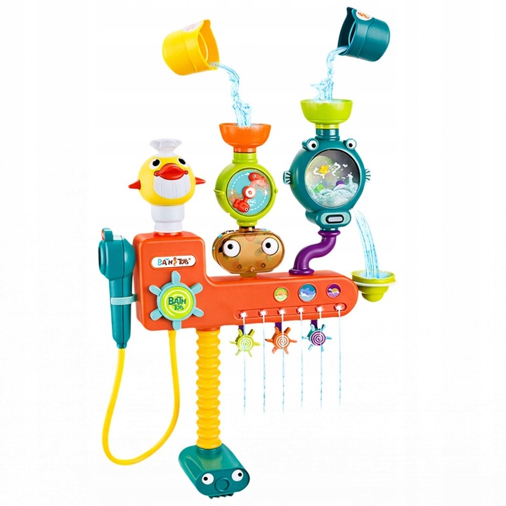 LEAN Toys BRK2N7GVXLS8 fürdőjáték, interaktív szett zuhannyal, öntőedényekkel és forgó kerekekkel, tapadókorongos rögzítés, többszínű